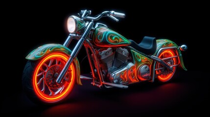 Obraz na płótnie Canvas Bright and colorful motorcycle with neon lights on a dark background. AI generation
