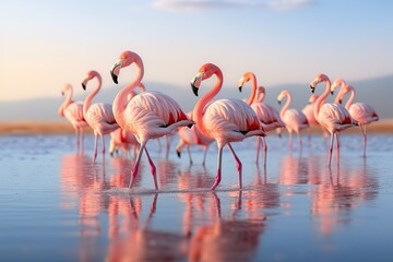 Fototapeta horizontal  photo group  pink flamingos on the salt lake generative ai obraz