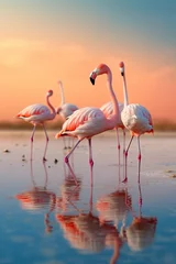 Fotobehang vertical photo group  pink flamingos on the salt lake generative ai © Aksana