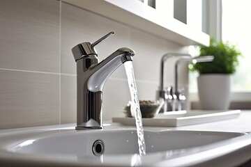 horizontal photo  close up tap water in a modern white kitchen concept ecology economy  water generative ai