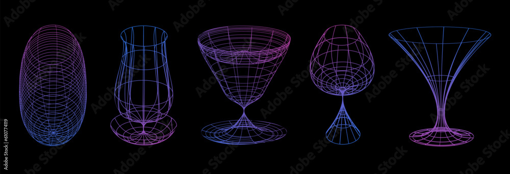 Poster Set of abstract aesthetic y2k geometric elements and 3D wireframe shapes. Gradient retro line design elements. Vector illustration for social networks or posters. EPS 10