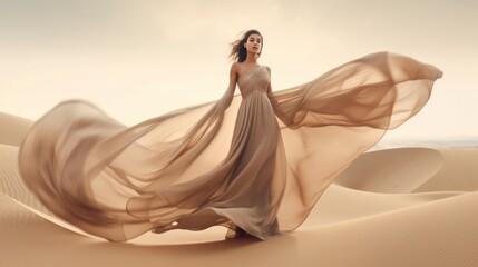 Fashion model in desert sand. Illustration AI Generative.