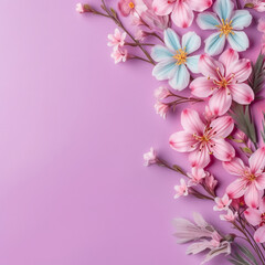 Naklejka na ściany i meble Pink empty frame with flowers. Illustration AI Generative.