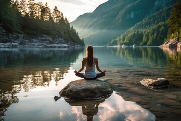 Woman in a yoga practice on water surface. Generative AI