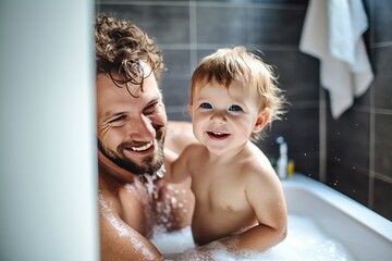 Tender moments in the bath: Father's love and care. Generative AI - obrazy, fototapety, plakaty