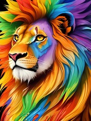 Colorful orange red lion face head on multicolored background in aquarelle style, creative abstract background with rainbow watercolor painting. Generative AI