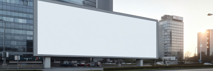 Blank advertising billboard in a large scale square size in front of office building, banner, generative AI