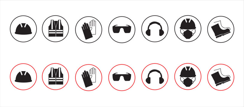 Conjunto de iconos de equipo de protecci&oacute;n para el trabajo. Vector