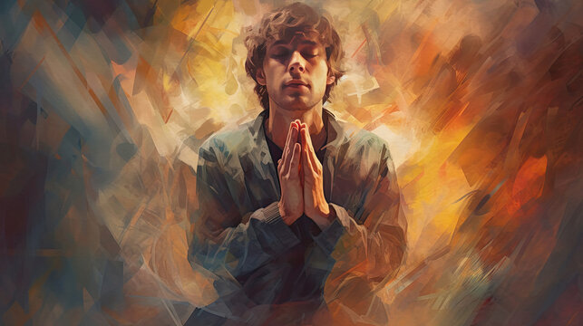 Young man praying to God with hands held together, generative ai
