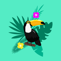 Fototapeta na wymiar Toucan bird with tropical leaves and flowers.