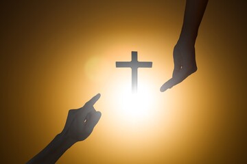 God's helping concept. Human hand and cross
