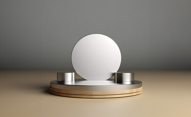 Abstract minimal concept. Luxury glossy silver grey round podium on background. Mock up template for product presentation. 3D rendering. copy text space

