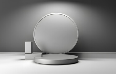 Abstract minimal concept. Luxury glossy silver grey round podium on background. Mock up template for product presentation. 3D rendering. copy text space

