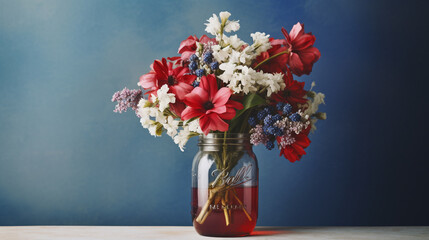 American Fourth of July Themed Floral Arrangement in Glass Mason Jars - Botanical Flowers in Red, White, and Blue with Copy Space - USA Memorial Day, Flag Day, Veterans Day - Generative AI