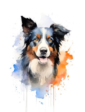 Cute Border Collie dog on white background, cartoon watercolor illustration. Generative AI.