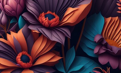 An abstract picture made of paper flowers, in the style of colorful woodcarvings