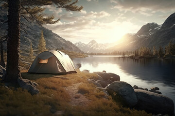 Mountain Lakeside Camping. Super realistic illustration. Generative AI