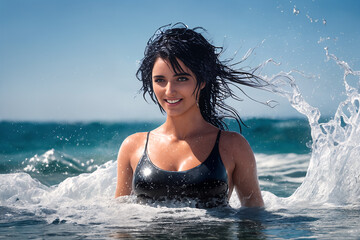 A young beautiful smiling girl in a dark swimsuit with black hair is standing on the beach among the sea waves up to her chest in the water. The wind blows the hairstyle. Generative AI