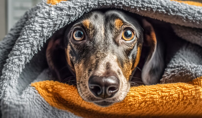 Wet dog after shower. dachshund in a towel. Pet wash, grooming	