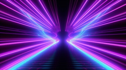 Obraz na płótnie Canvas Ascending Neon Spectrum: A Mesmerizing 3D Render of an Abstract Minimal Neon Background with Pink and Blue Lines Streaking Upwards, Evoking a Futuristic Cyber Space and an Ethereal Ultraviolet Laser 