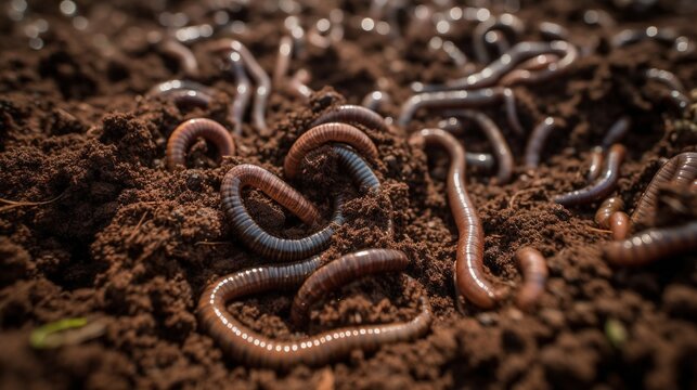 Earthworms in the ground close up. Fertilizers and compost. AI generation