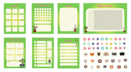 Planner notebook set, daily, monthly and weekly plan. To do list, note, habit tracker. vector collection of printable design, stickers set with cats, paws, home plants  - obrazy, fototapety, plakaty
