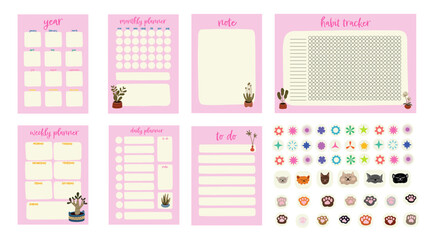 Planner notebook set, daily, monthly and weekly plan. To do list, note, habit tracker. vector collection of printable pink design, stickers set with cats, paws, home plants