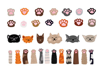 Vector set of cat muzzles and footprints. Doodle elements. Paw print icon, diary and notebook stickers, different animal’s footprints set of cartoon cat’s paws 
