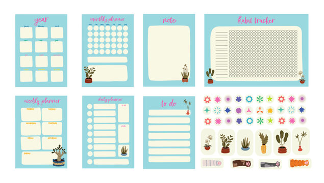 Planner notebook set, daily, monthly and weekly plan. Printable planner templates. Printable Life & Business Planner. vector collection of printable design, stickers set with cats, paws, home plants