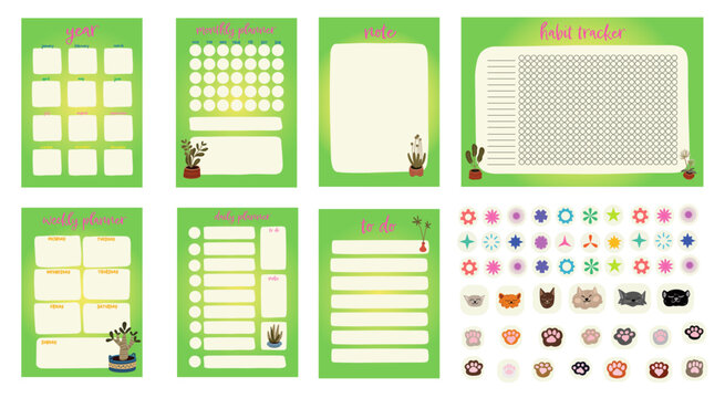 Planner notebook set, daily, monthly and weekly plan. To do list, note, habit tracker. vector collection of printable design, stickers set with cats, paws, home plants 