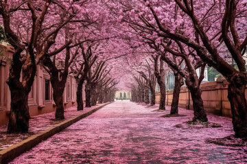 Beautiful blooming alley in spring in pink.