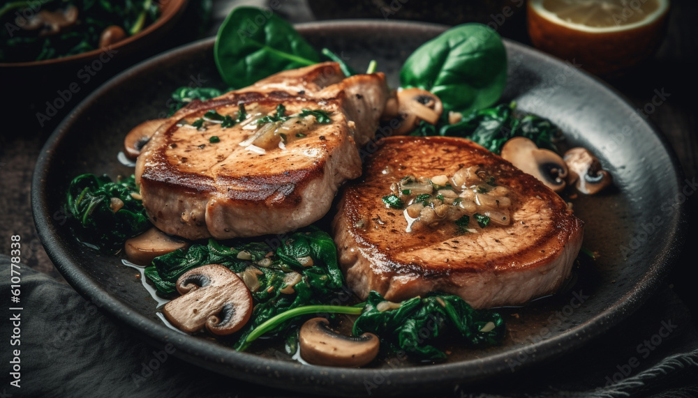 Poster Grilled fillet steak with fresh vegetables on rustic crockery plate generated by AI