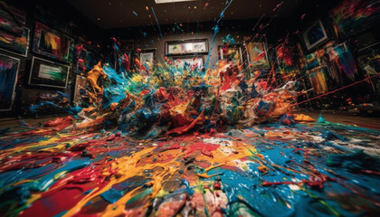 Vibrant colors splashing in messy acrylic painting create abstract chaos generated by AI