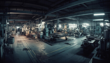Fototapeta na wymiar Metal manufacturing machinery in dark industrial building with blue lighting generated by AI