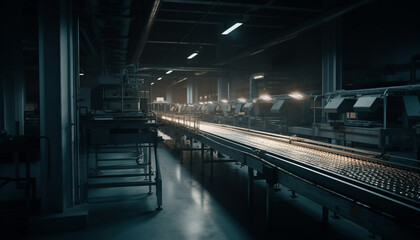 Modern transportation industry illuminates underground steel workshop with futuristic equipment generated by AI