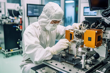 Worker in a chip transistor factory in Taiwan