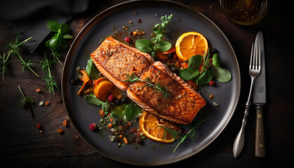 Grilled salmon fillet with fresh vegetable salad and lemon slice generated by AI