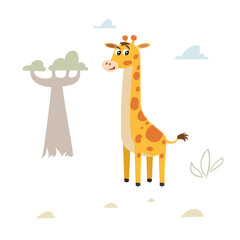 Cute childish cartoon little giraffe in the savannah. Simple  preschool design template. Best for cloth print and party designs. Vector illustration.