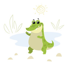 Cute childish cartoon little african crocodile. Simple  preschool design template. Best for cloth print and party designs. Vector illustration.