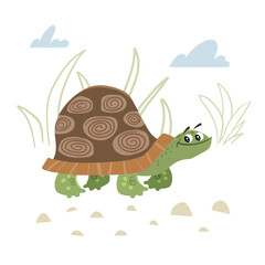 Cute childish cartoon little turtle. Simple preschool design template. Best for cloth print and party designs. Vector illustration.