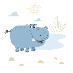 Cute childish cartoon little hippopotamus. Simple preschool design template. Best for cloth print and party designs. Vector illustration.
