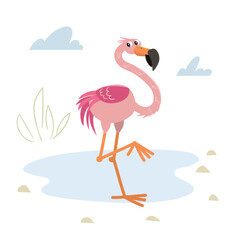 Naklejka premium Cute childish cartoon little flamingo. Simple preschool design template. Best for cloth print and party designs. Vector illustration.