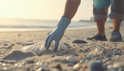 hand picking up trash and plastics cleaning the beach with a garbage bag, Generative AI