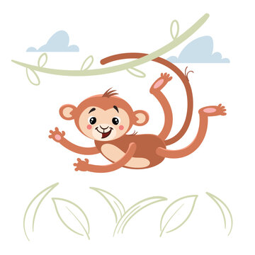 Cute childish cartoon little monkey jumping in jungle. Simple  toddler design template. Best for cloth print and party designs. Vector illustration.