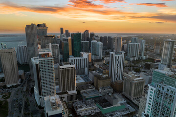 Evening urban landscape of downtown district of Miami Brickell in Florida, USA. Skyline with high...