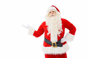 Santa Claus points hand to a place for an inscription on a white background.