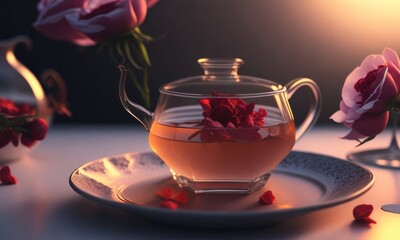 Naklejka na ściany i meble Tea with rose petals on the table