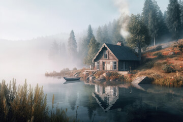 Fototapeta na wymiar Lonely house near the beautiful lake with mountains view. Super realistic illustration. Generative AI