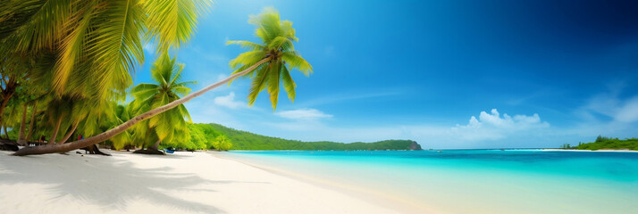 Fototapeta na wymiar Panorama banner photo of tropical beach with palm tree, banner, generative AI