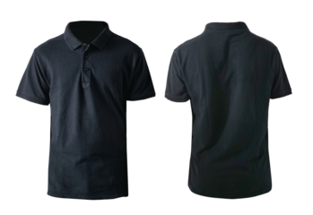 Blank collared shirt mock up template, front and rear view,  plain black t-shirt isolated on white. Polo tee design mockup presentation for print